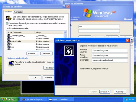 Criação de uma nova conta de usuário, com o comando 'control userpasswords2', no Windows XP.
