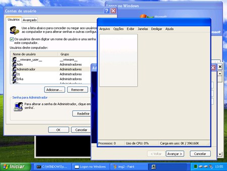 Gerenciador de tarefas aberto, sem uso de logon, no Windows XP.