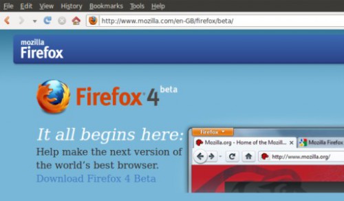 Preview do Firefox 4, disponível em versão beta.