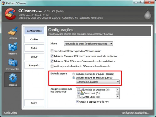 CCleaner - Configurações