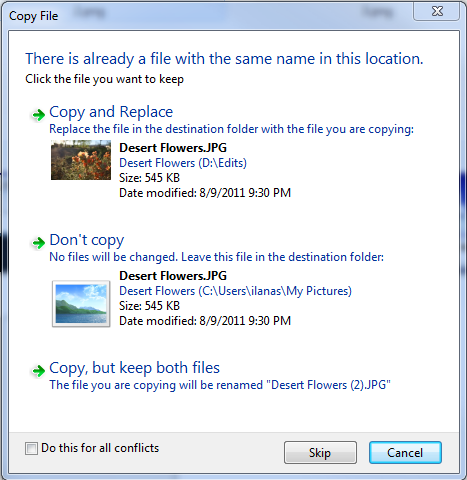 Tela de substituição de arquivos no Windows 7: experiência negativa