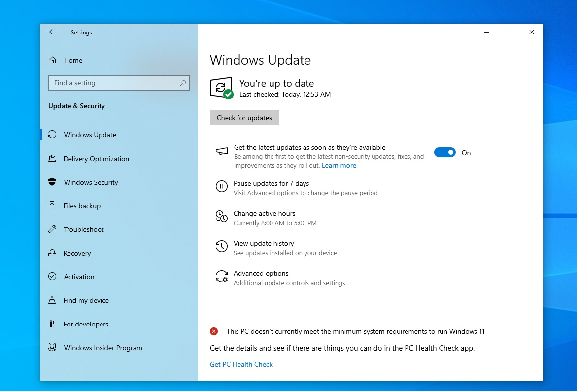 Tela do Windows Update