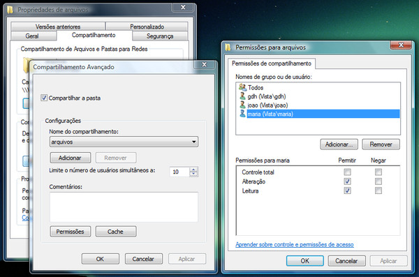 Permissões para arquivos e compartilhamento avançado no Windows Vista