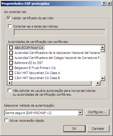 Propriedades EAP de uma rede sem fio no Windows XP