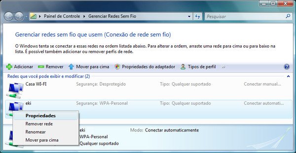 Gerenciando conexões sem fio no Windows Vista, em destaque item 'Propriedades' de uma das conexões