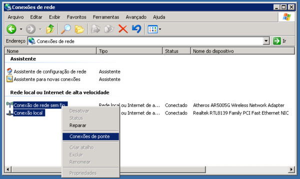 Acessando o item "Conexões de ponte" no Windows XP