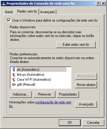 Redes sem fio preferenciais no Windows XP
