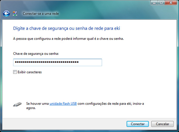 Digitando a chave de segurança ou senha de rede, no Windows Vista