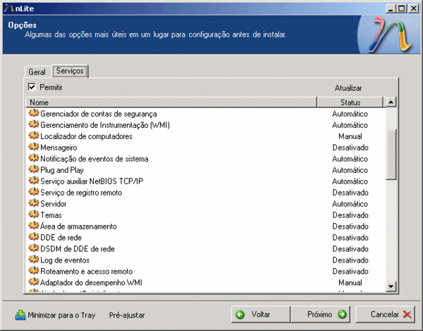 nLite: opções de configuração do Windows, aba 'Serviços'