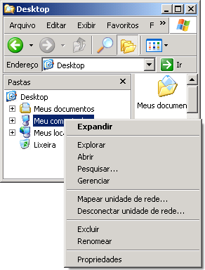 Menu do item 'Meu computador', no Windows XP