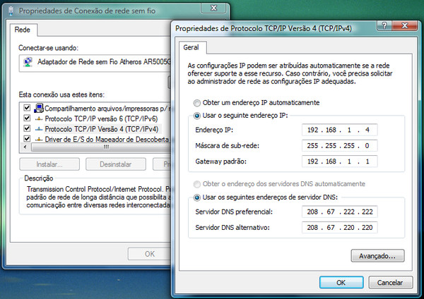 Propriedades do protocolo TCP/IP Versão 4, no Windows Vista