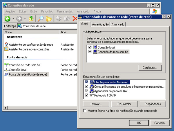 Propriedades de ponte de rede no Windows XP