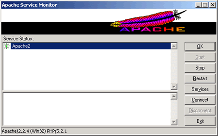 Apache Service Monitor: com esta interface pode-se parar, iniciar ou reiniciar o servidor do Apache no Windows