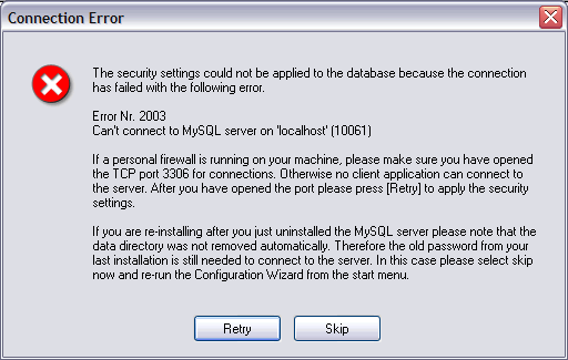 Erro do MySQL, caso não consiga obter acesso à porta definida na instalação