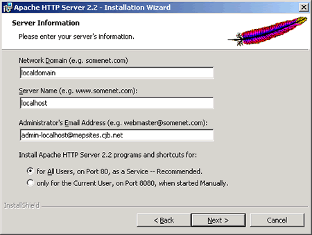 Instalação do Apache do Windows: informações do servidor
