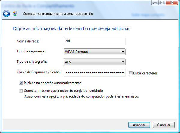 Inserindo informações da rede sem fio, no Windows Vista