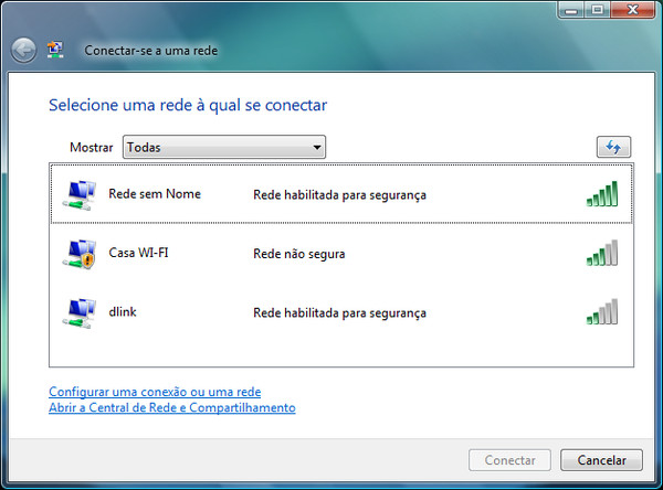 Conexões de redes sem fio disponíveis, no Windows Vista
