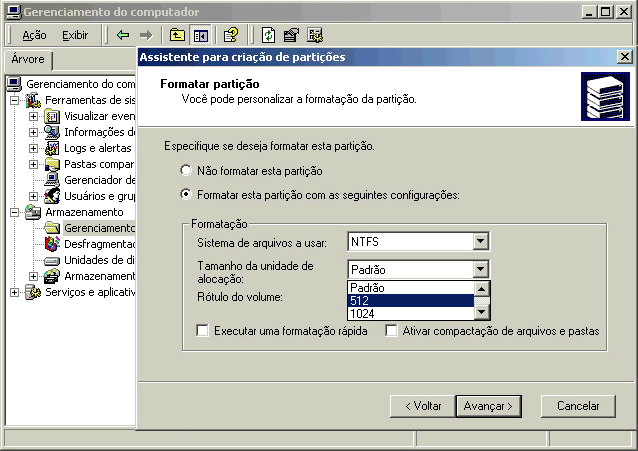 Gerenciamento de disco do Windows XP