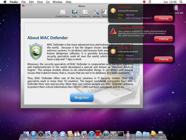 Tela do Mac Defender, falso software de segurança para Mac