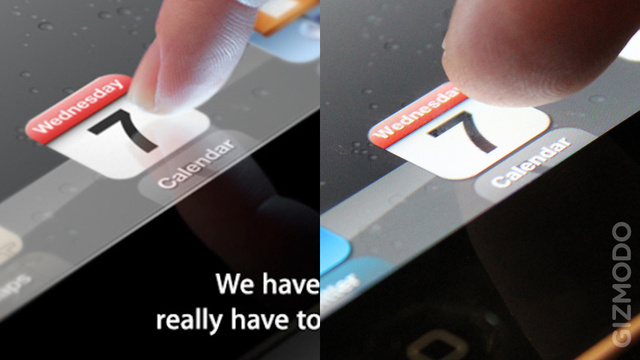 Comparativo do Gizmodo entre a foto do anúncio e do iPad 2 no mesmo ponto de vista