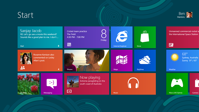 Tela inicial do Windows 8, que substitui o menu Iniciar