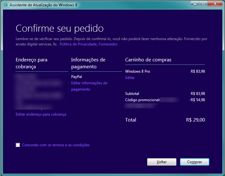Compra do Windows 8 via download