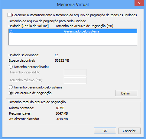 Desativando a memória virtual no Windows