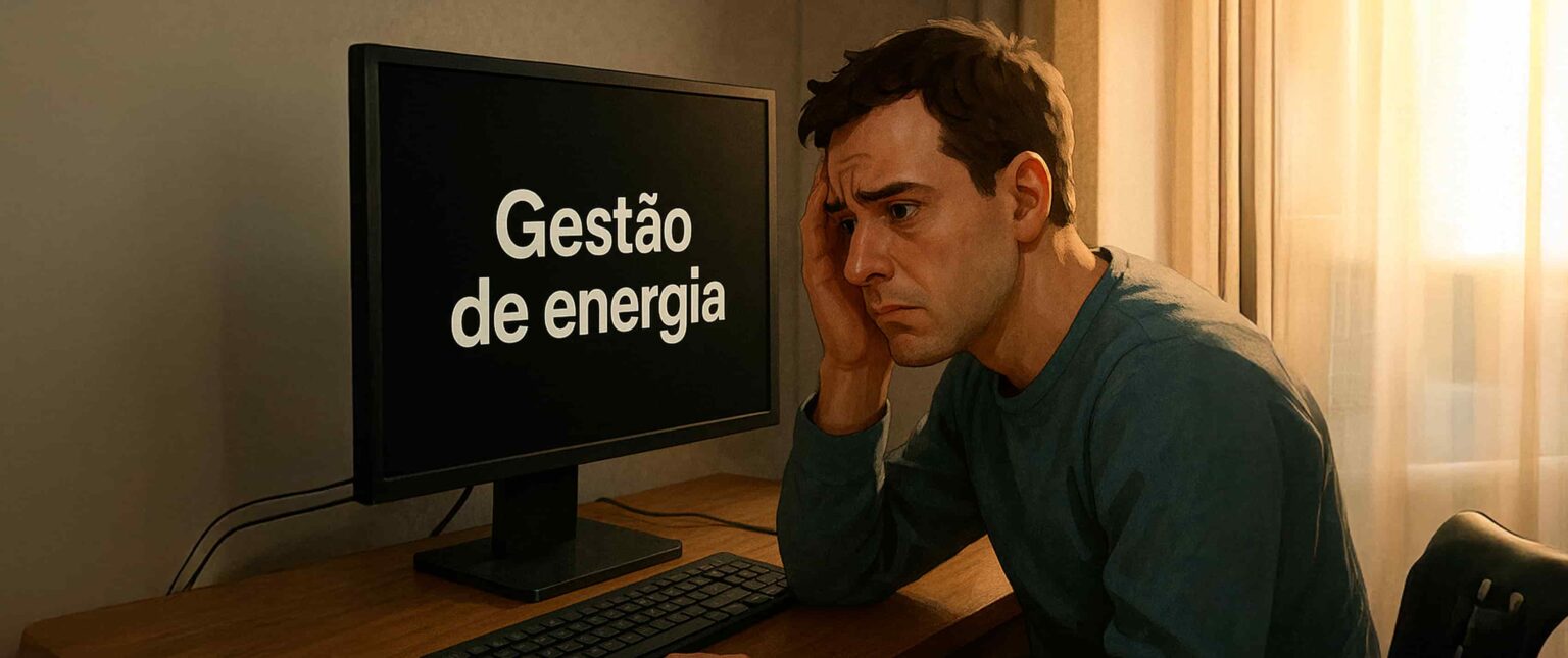 Homem preocupado com a mão no rosto diante de monitor exibindo a mensagem "Gestão de energia" em um computador de mesa