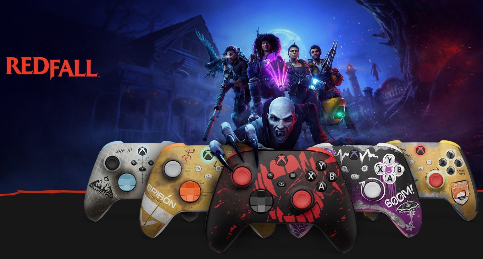Controles Xbox temáticos de Redfall, com estampas vermelhas e pretas, à frente da arte do jogo com quatro personagens e um vampiro ao fundo