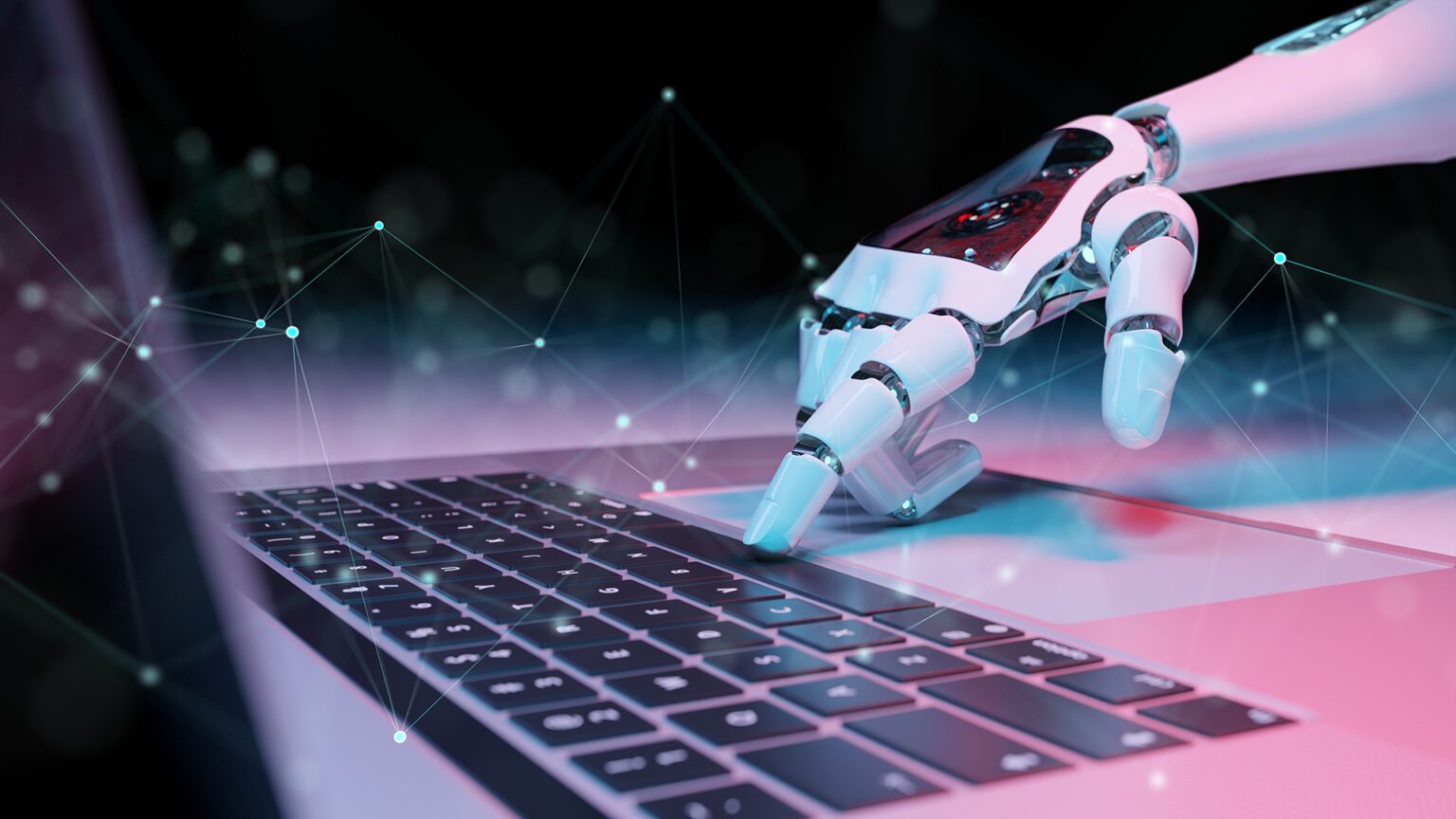 Mão de robô branca e metálica digitando em um teclado de notebook, com fundo escuro e linhas de conexão azuladas