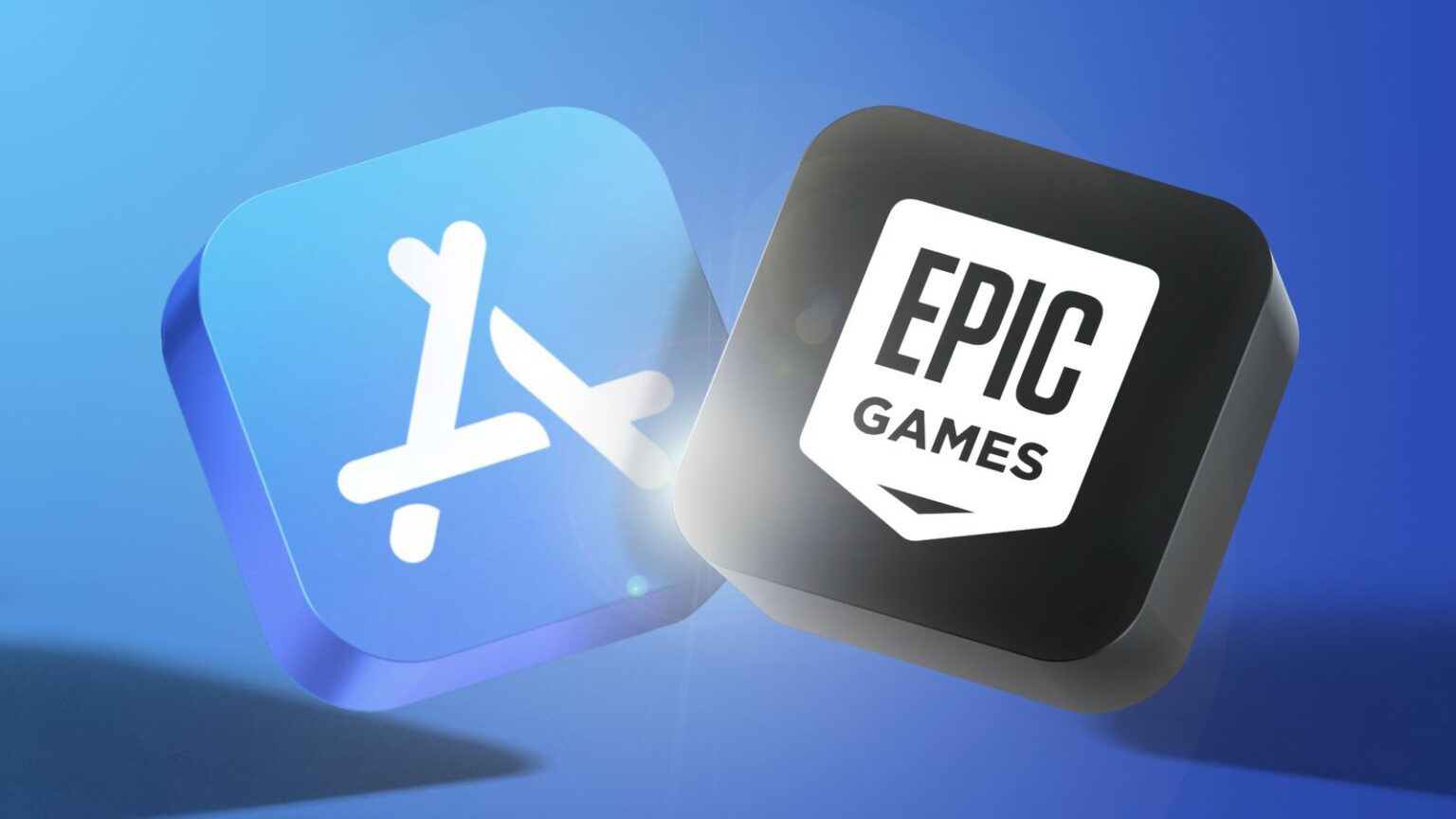 Ícone da App Store da Apple ao lado do logotipo da Epic Games em blocos 3D sobre fundo azul