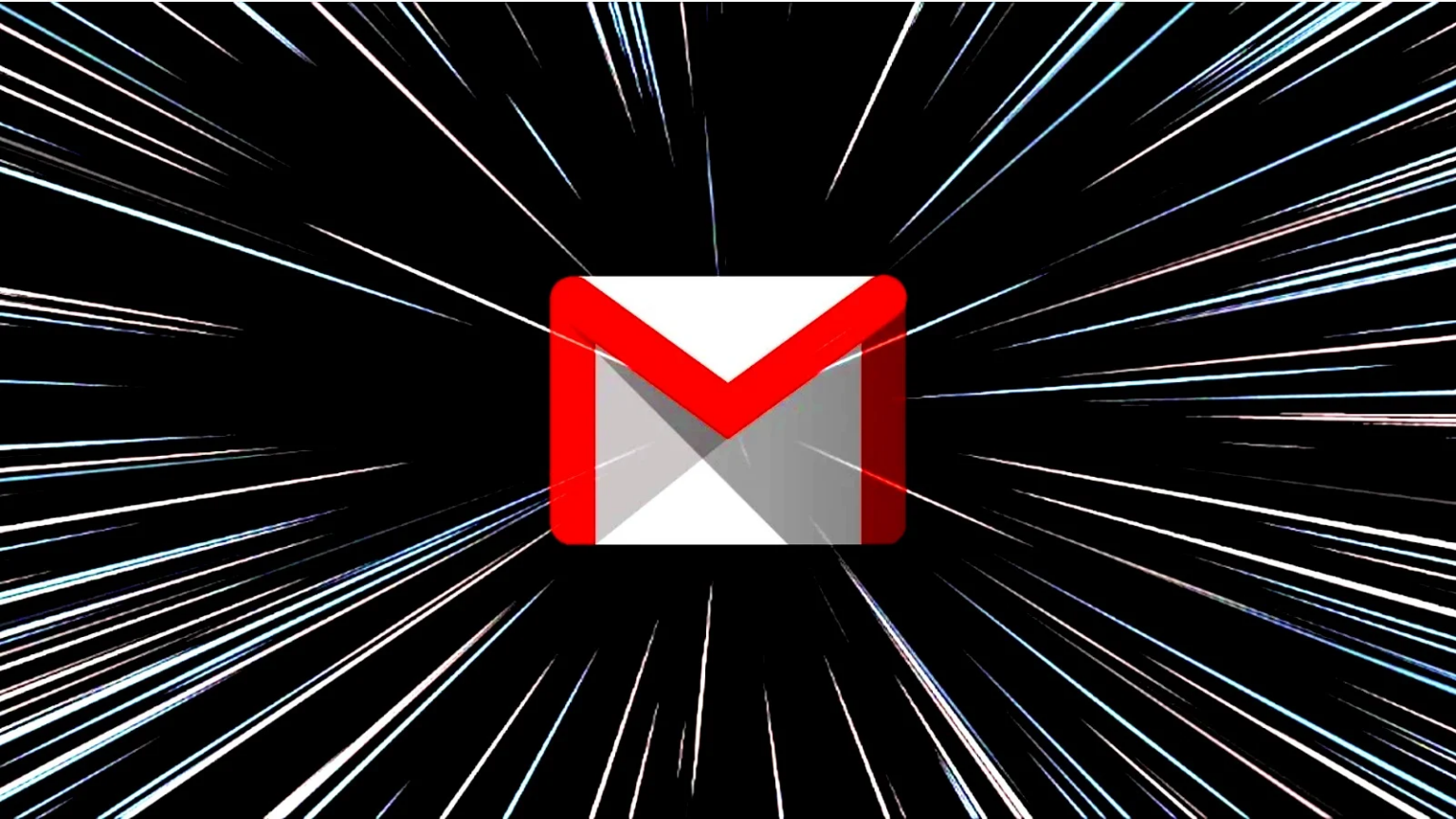 Logotipo do Gmail, envelope vermelho e branco, em destaque sobre um fundo preto com linhas brancas e azuis em efeito de velocidade