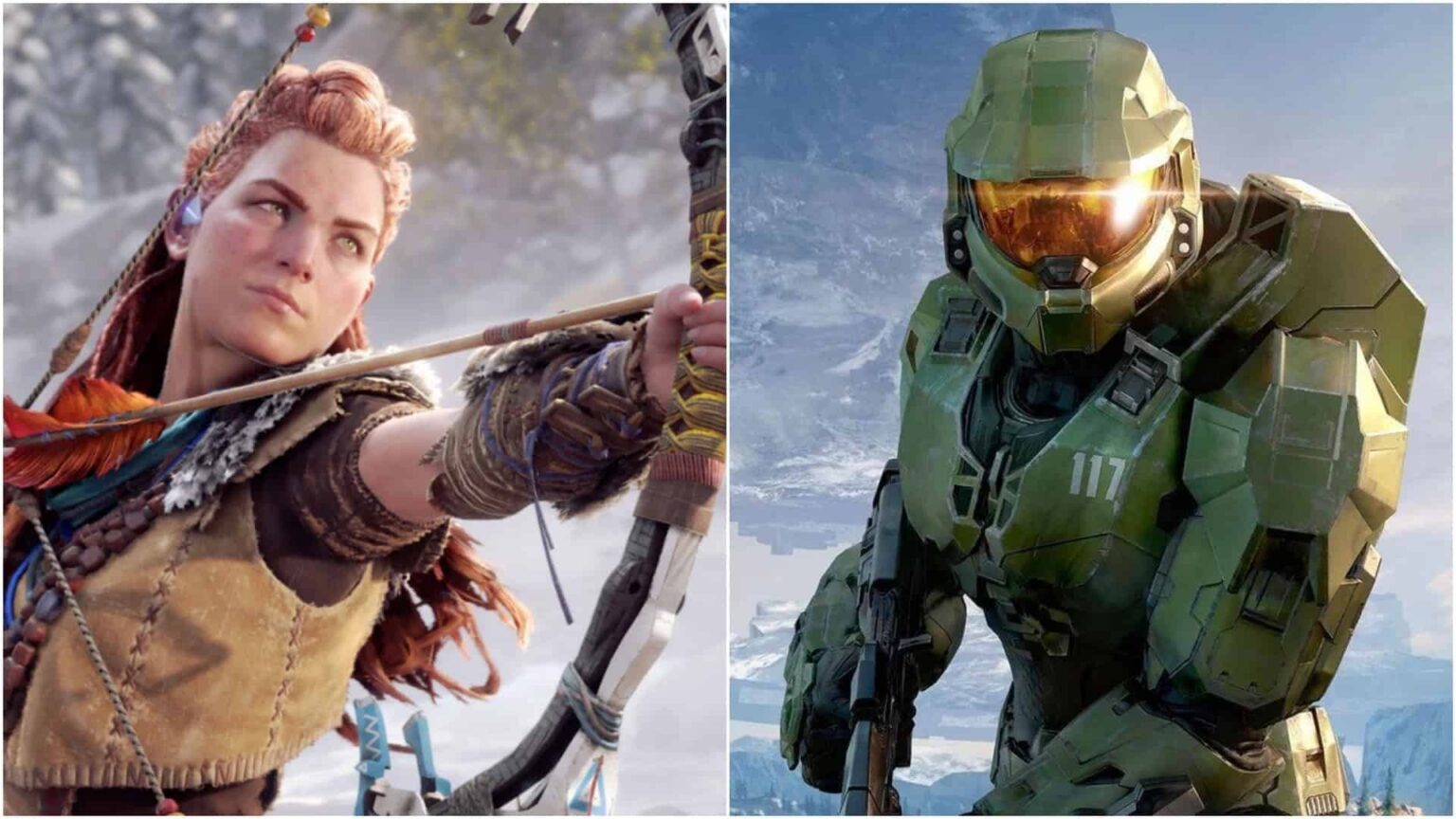 Duas cenas de videogame lado a lado: à esquerda, uma personagem de cabelo ruivo trançado atirando com arco na neve; à direita, um soldado com armadura verde da…