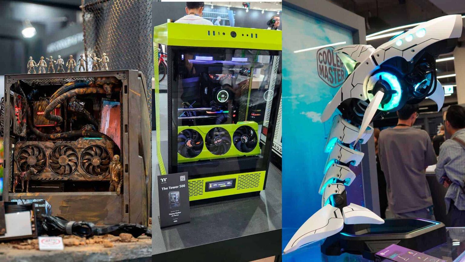 Três gabinetes de PC expostos na Computex: um com acabamento envelhecido e enferrujado, um Thermaltake The Tower 500 verde-limão com painel de vidro e um braço…