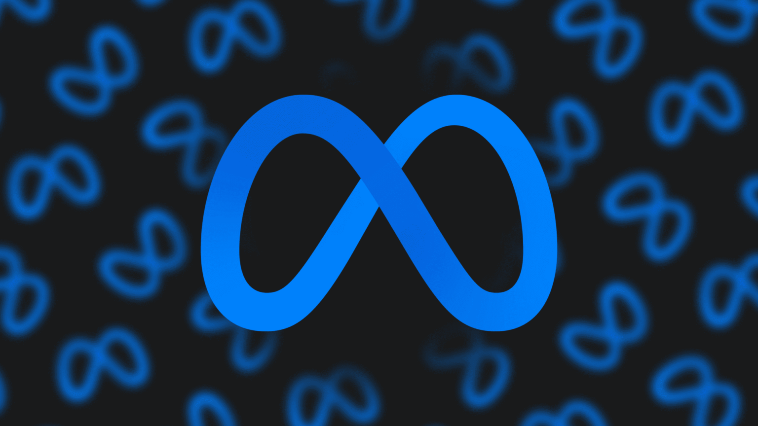 Logotipo azul da Meta, em formato de infinito, sobre fundo escuro com padrão repetido do mesmo símbolo desfocado