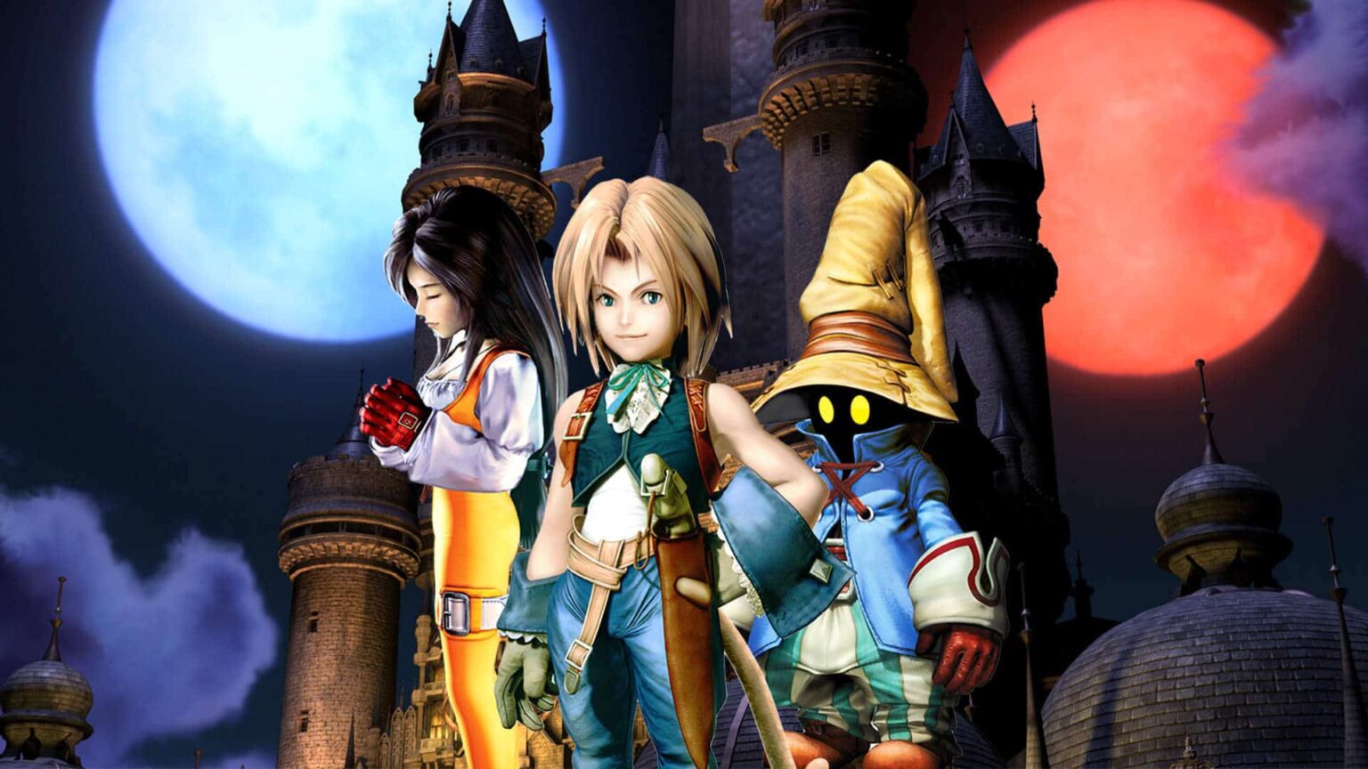Personagens de Final Fantasy IX posam diante de um castelo noturno com duas luas, uma azul e outra vermelha, em estilo de arte 3D