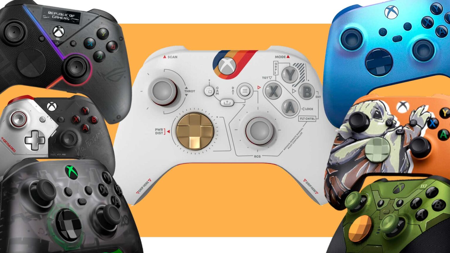 Vários controles do Xbox de edições especiais lado a lado, incluindo modelos ROG Republic of Gamers, azul metálico, branco com detalhes laranja e verde militar