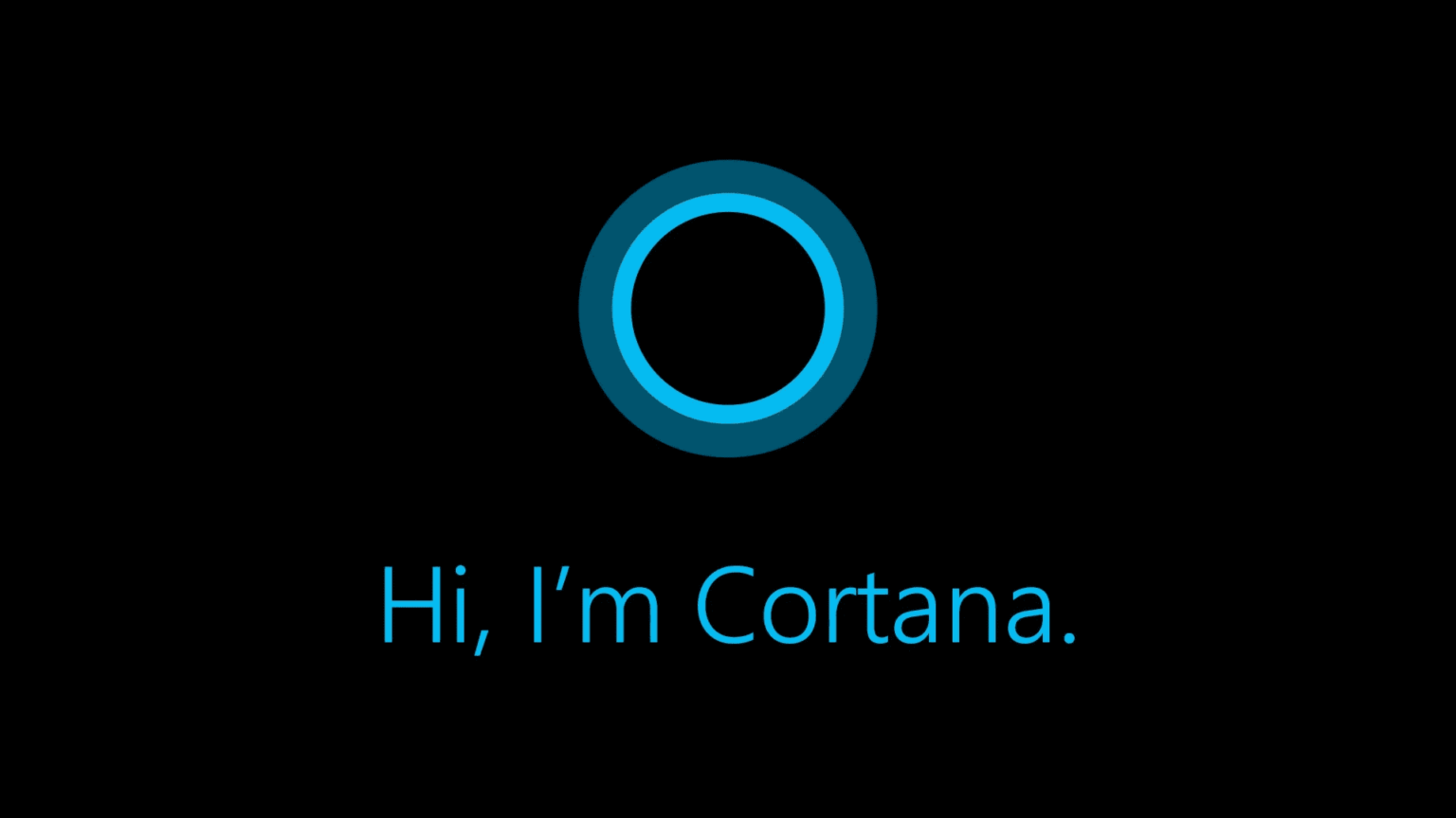 Logotipo da assistente virtual Cortana, da Microsoft, com um círculo azul brilhante sobre fundo preto e o texto "Hi, I'm Cortana