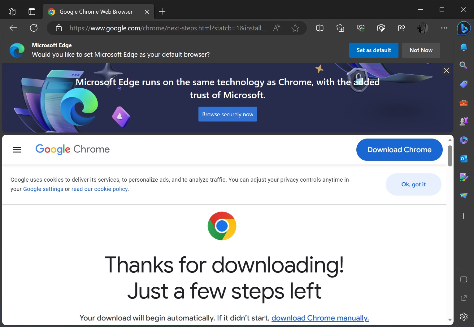 Navegador Microsoft Edge diz que instalador do Google Chrome é um vírus 3 Edge pushes against Chrome