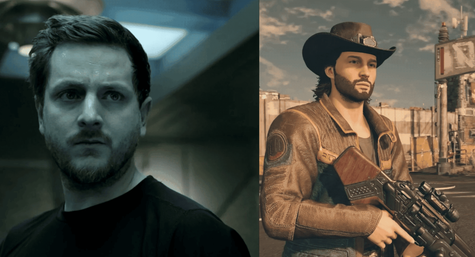 Dois homens em comparação: à esquerda, um homem barbudo de camiseta preta em ambiente escuro; à direita, personagem de jogo com chapéu de cowboy e jaqueta de c…