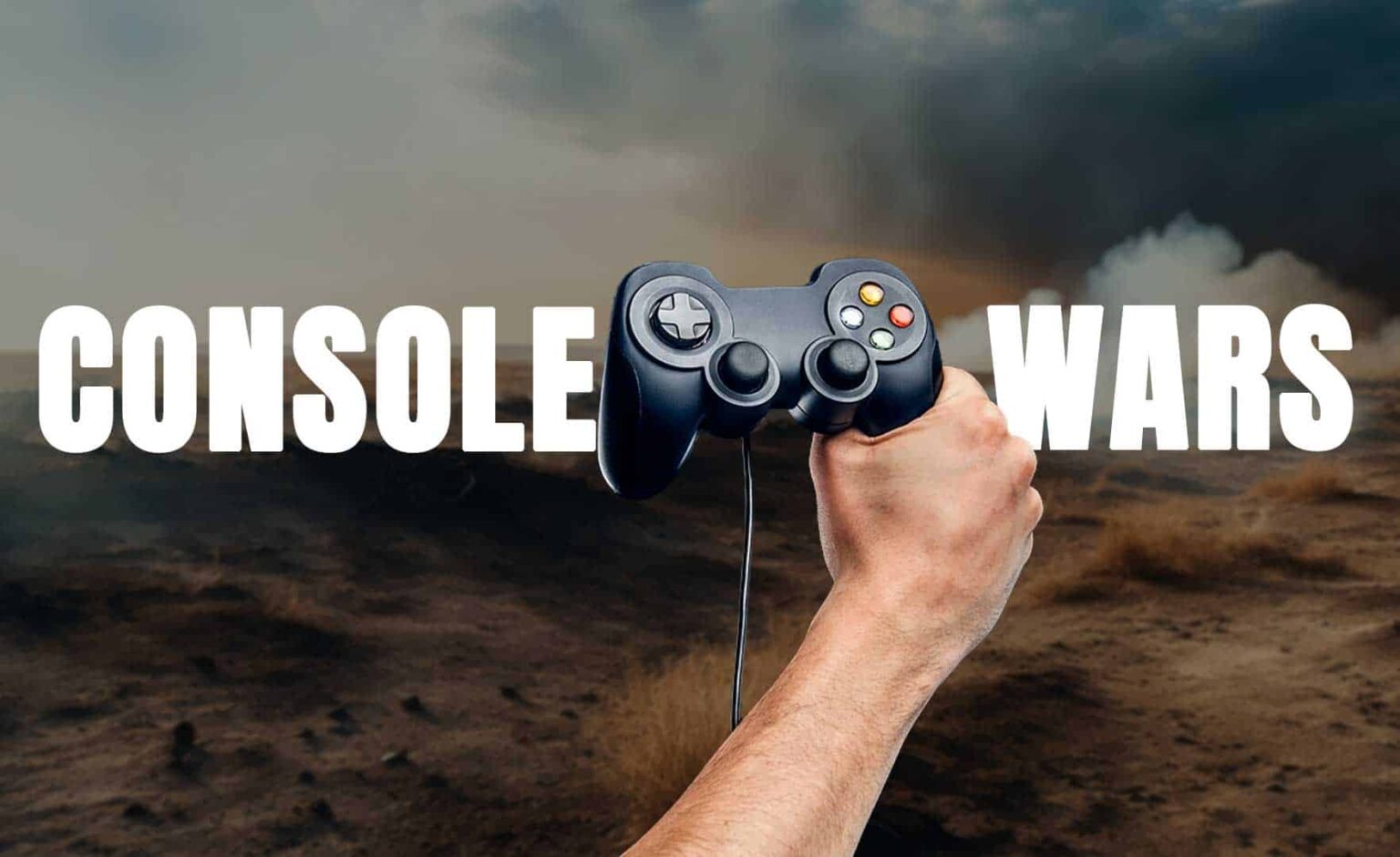 Mão erguida segurando um controle de videogame preto com fio, sobre um campo devastado e enevoado, com o texto "CONSOLE WARS" em branco