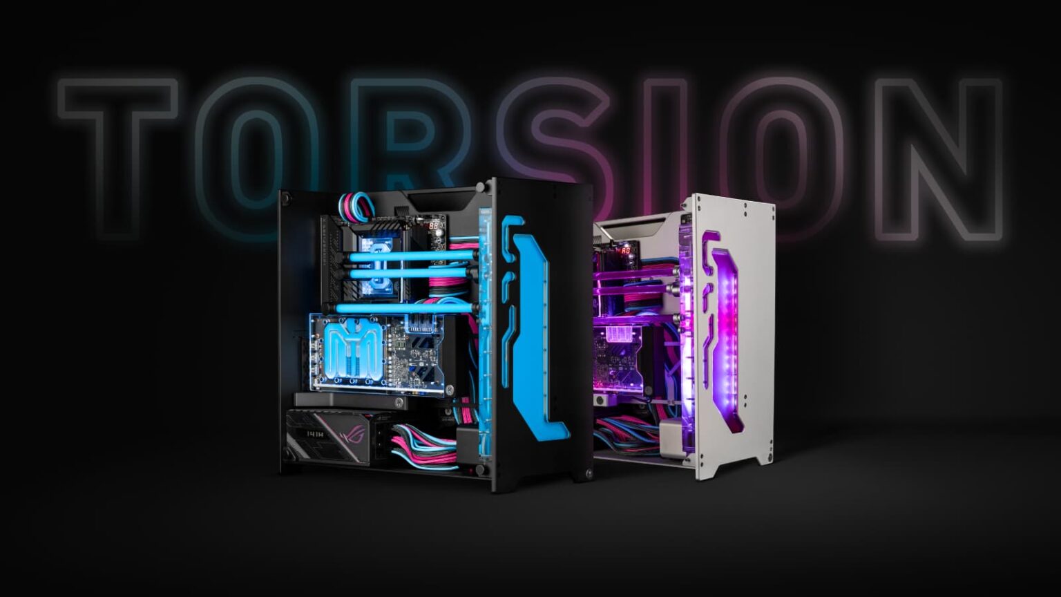Dois gabinetes de PC lado a lado, um preto e um branco, com refrigeração líquida e iluminação neon azul e roxa, sobre fundo escuro com o texto TORSION em neon