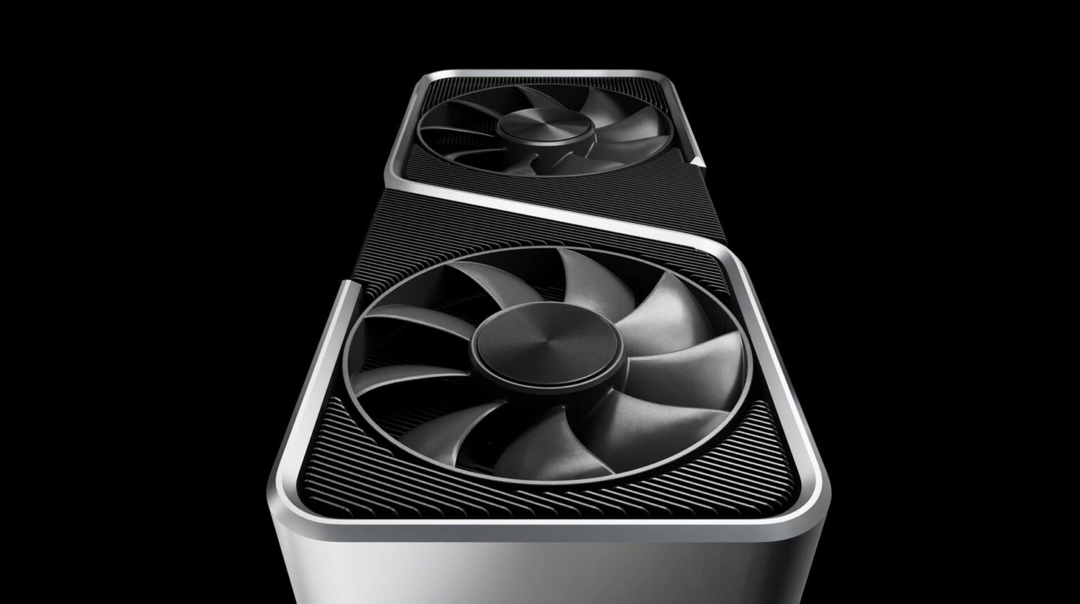 Placa de vídeo NVIDIA GeForce RTX 3060 Ti com dois ventiladores pretos e carcaça prateada, vista em destaque sobre fundo preto