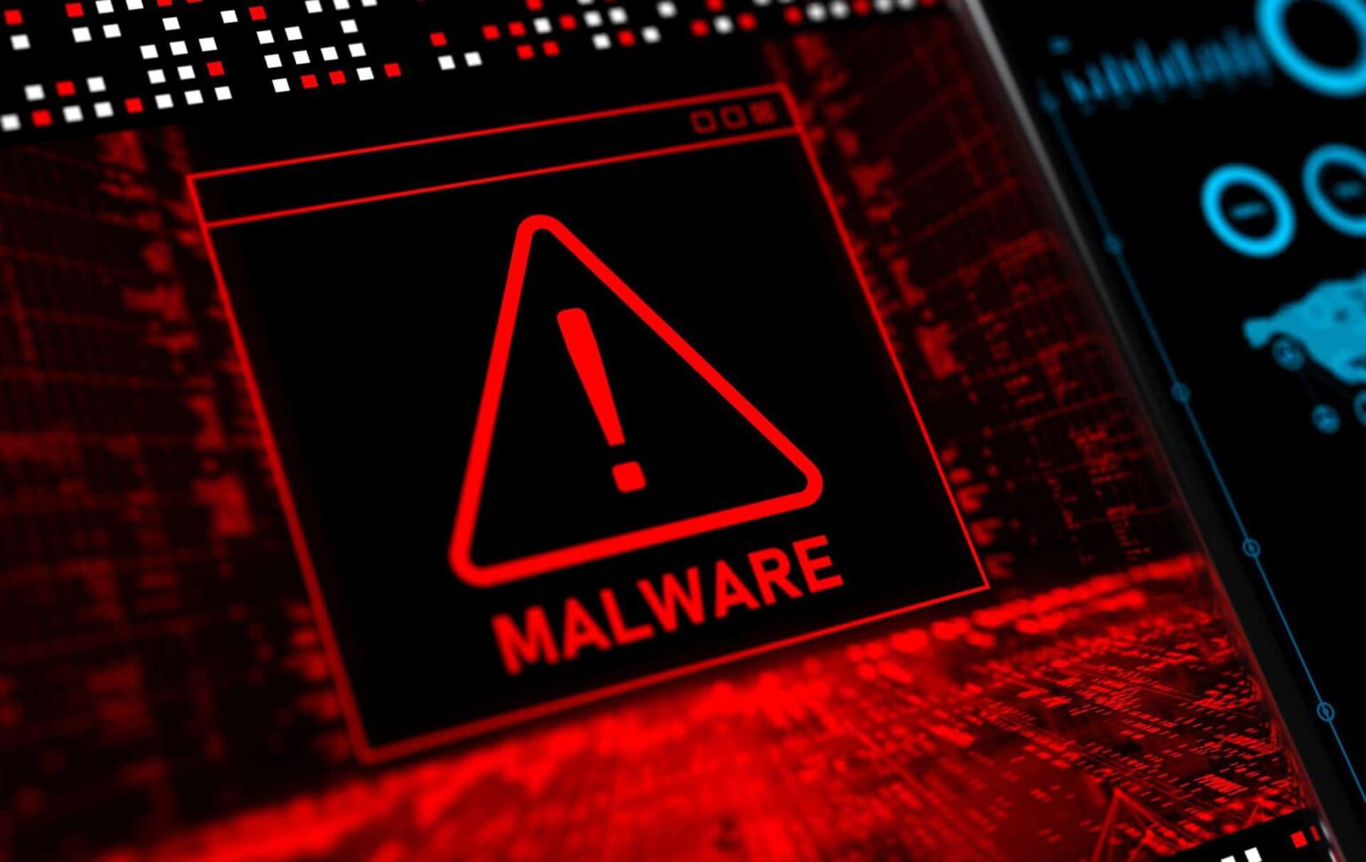 Ilustração de tela vermelha com triângulo de alerta e a palavra MALWARE em destaque, representando ameaça de software malicioso