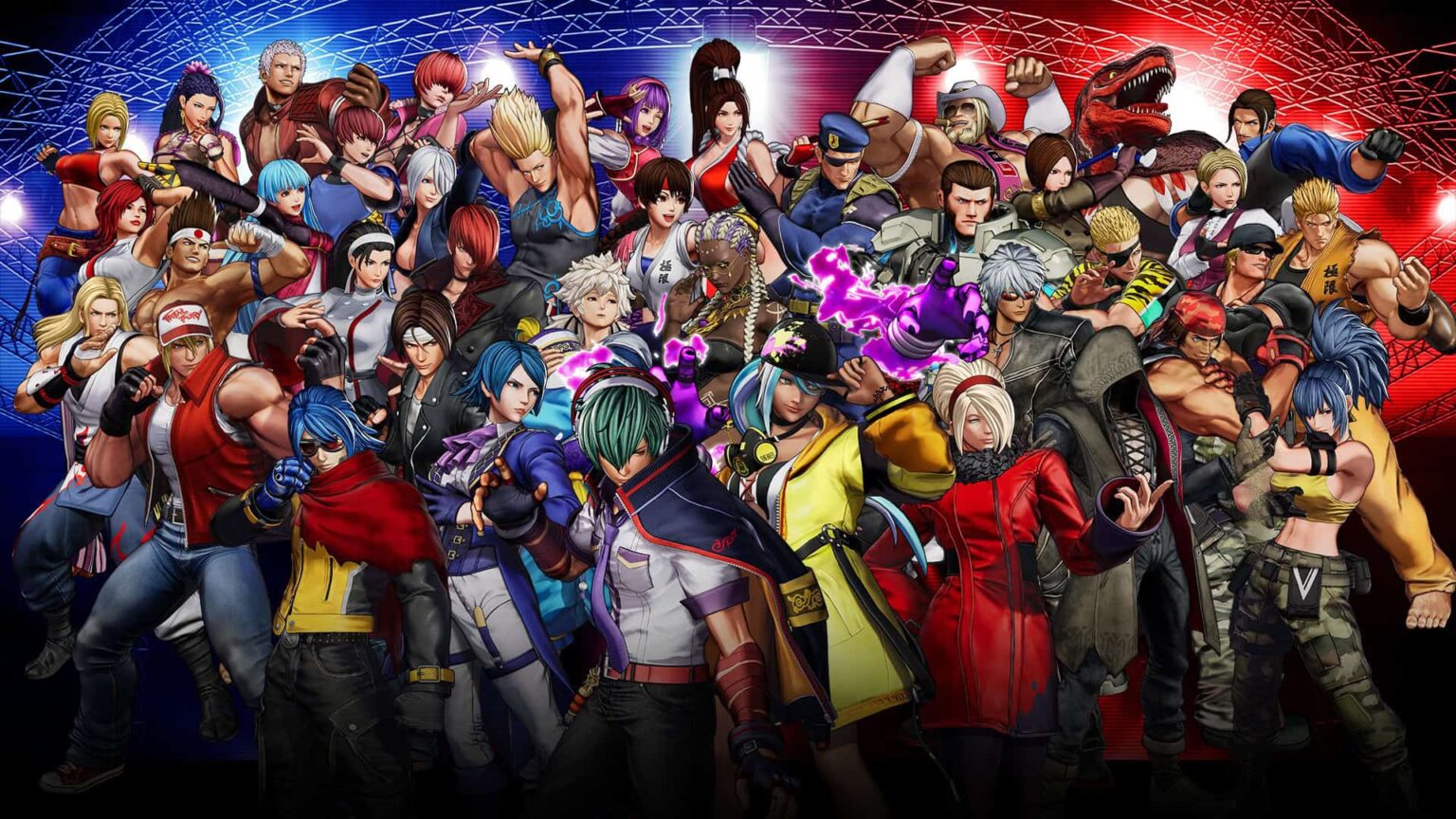 Elenco de personagens de luta em cenário com fundo azul e vermelho, reunidos em pose de grupo, no jogo The King of Fighters