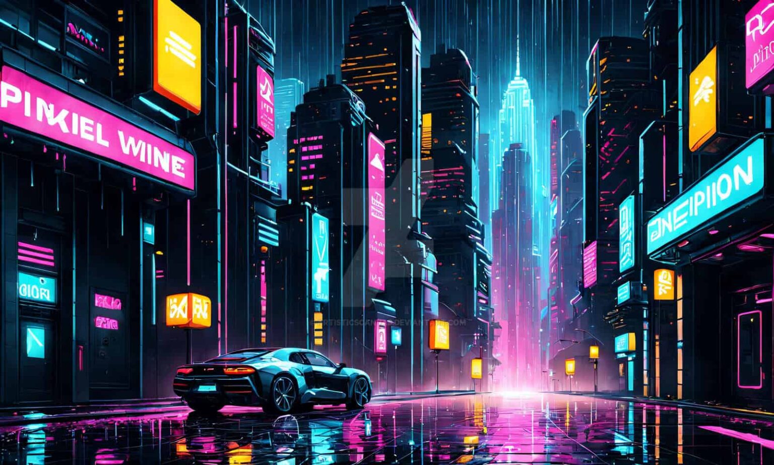 Cidade cyberpunk noturna com arranha-céus iluminados por neon rosa, azul e amarelo, carro futurista estacionado em rua molhada de chuva refletindo as luzes
