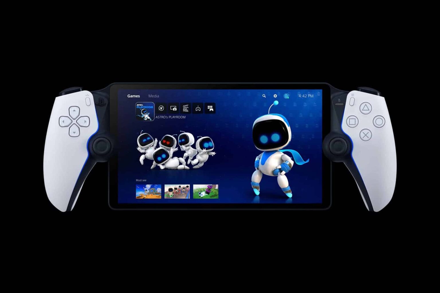PlayStation Portal, controle portátil branco com tela central mostrando a interface do PS5 com o robô Astro Bot em destaque, sobre fundo preto