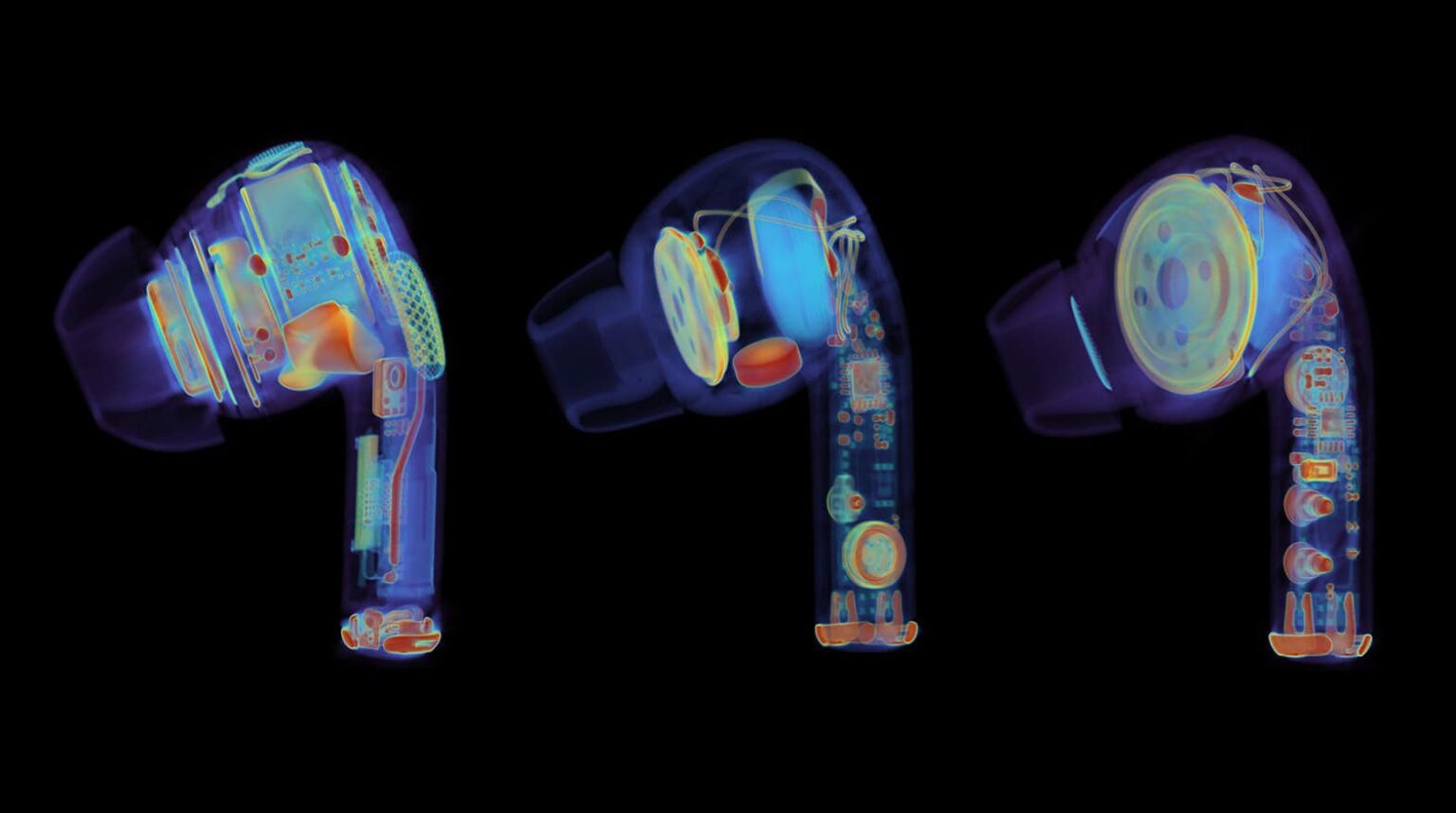 Raio X colorido de três earbuds mostrando a estrutura interna, com placas, bateria e componentes, em comparação de autenticidade