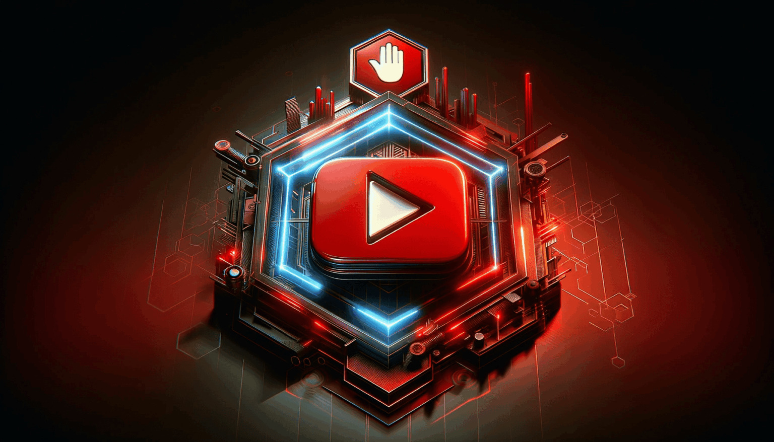 Ilustração digital com o logotipo vermelho de play do YouTube no centro, cercado por circuitos azuis e um ícone de bloqueio com a mão, em fundo escuro