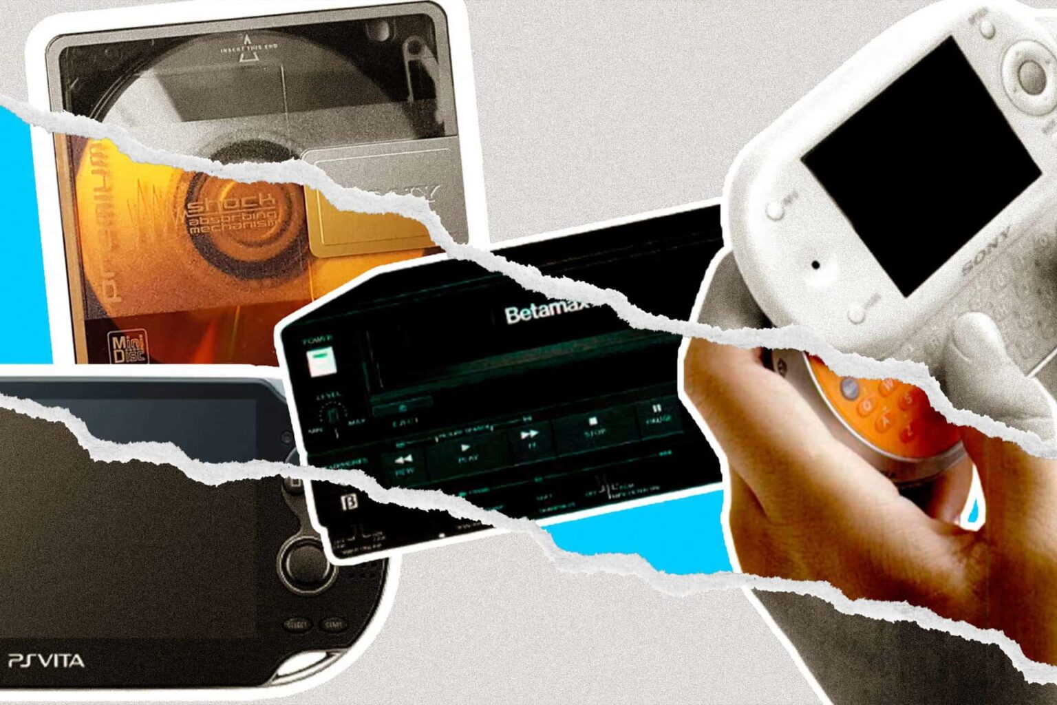 Colagem com rasgos de papel mostrando um disquete, um videocassete Betamax, um PS Vita e um Sony Mylo, representando produtos da Sony que fracassaram